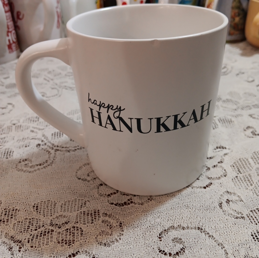 Large white coffee cup happy Hanukkah